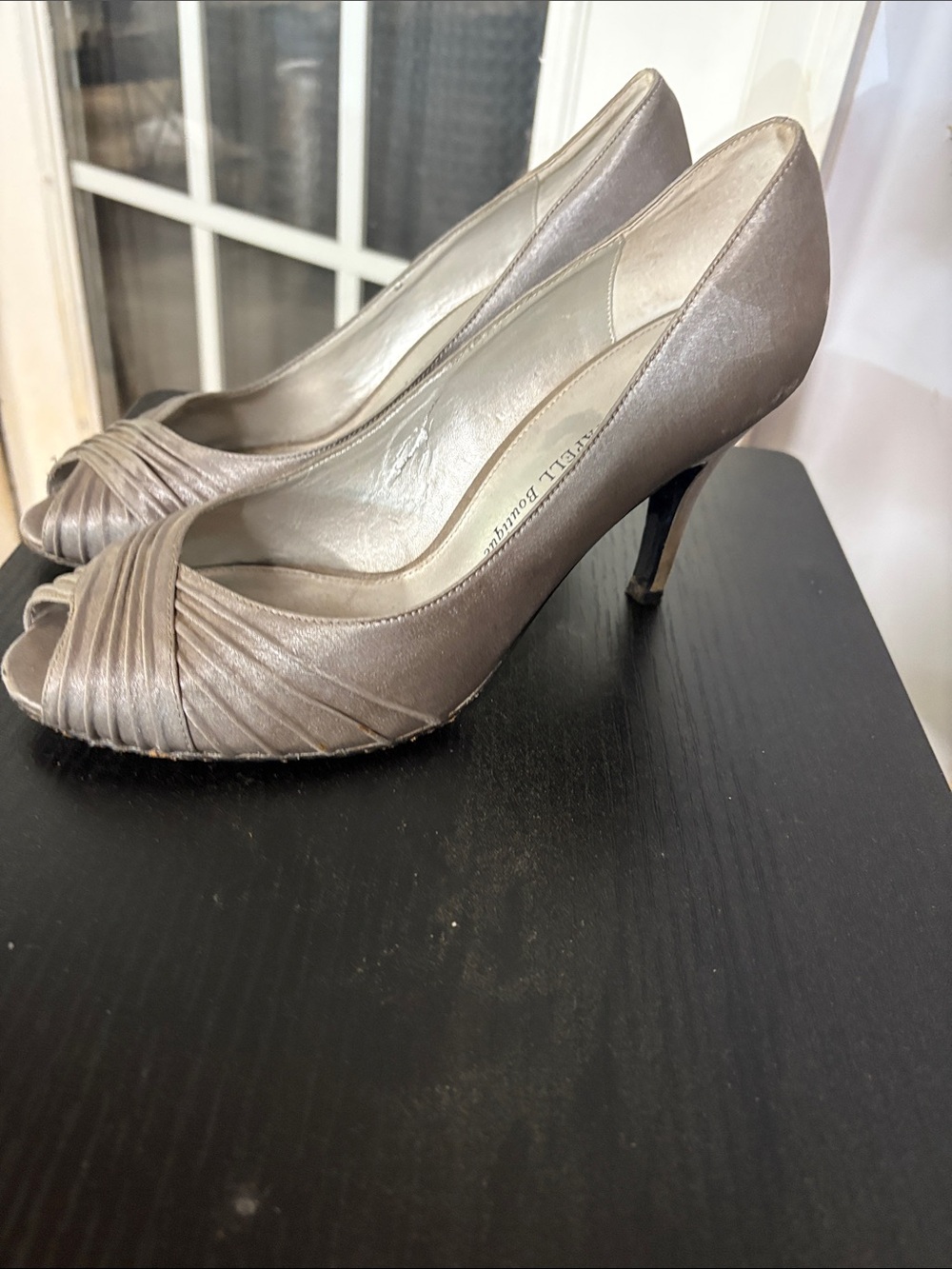 Adrianna Papell Taupe Satin Peep-Toe Heels